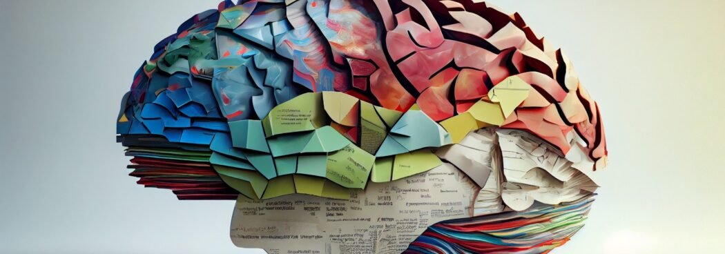 A brain made of colorful paper fragments, symbolizing how persuasion affects different areas of thought.