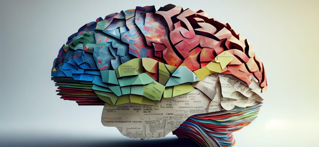 A brain made of colorful paper fragments, symbolizing how persuasion affects different areas of thought.