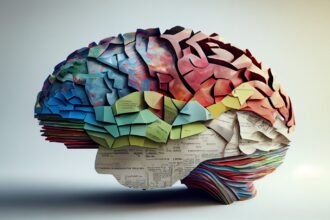 A brain made of colorful paper fragments, symbolizing how persuasion affects different areas of thought.