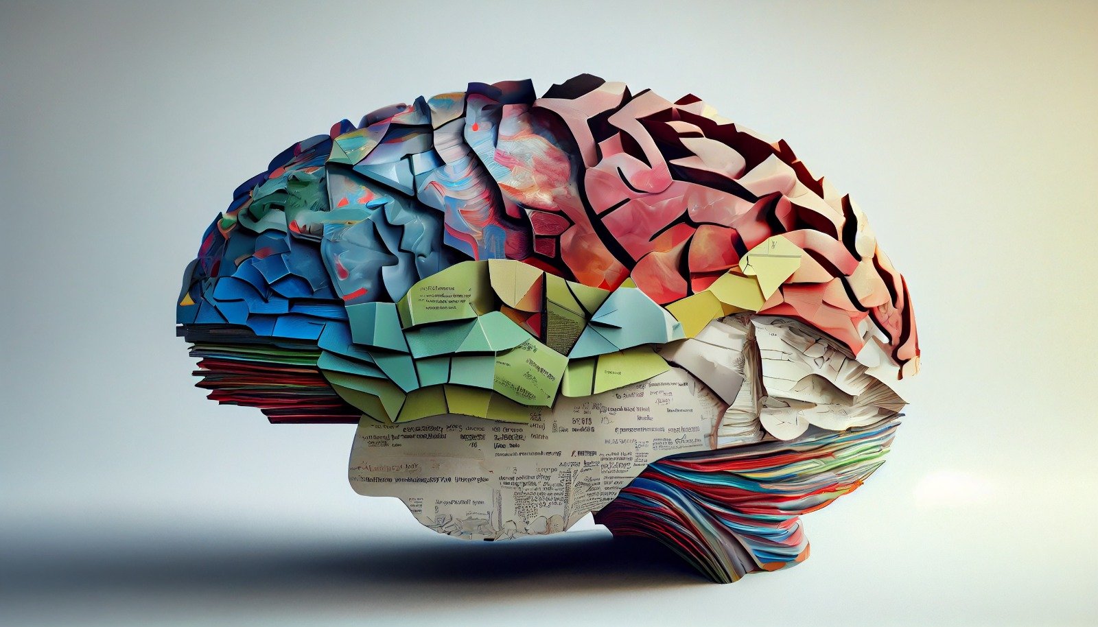 A brain made of colorful paper fragments, symbolizing how persuasion affects different areas of thought.